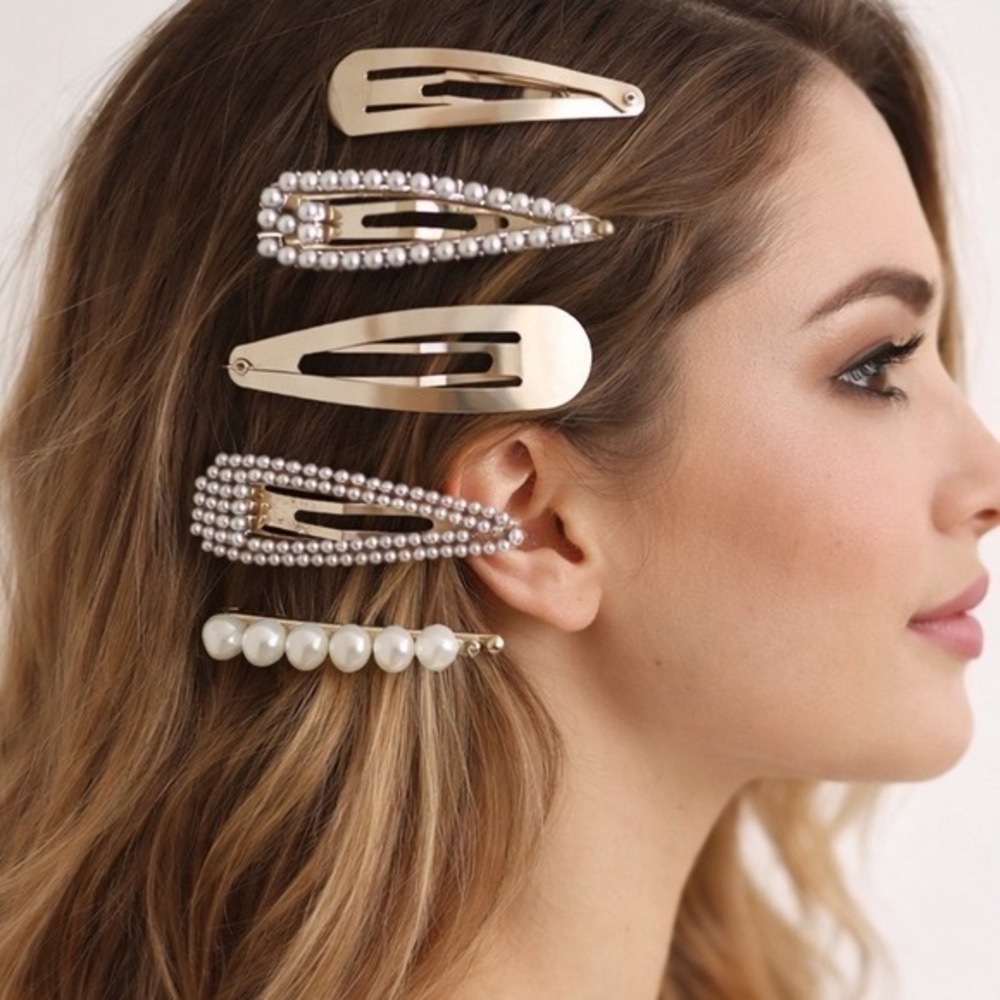 Gold Faux Pearl Hair Clip Set 5pc Snap Barrettes and Bobby Pin Wedding Bridal J-